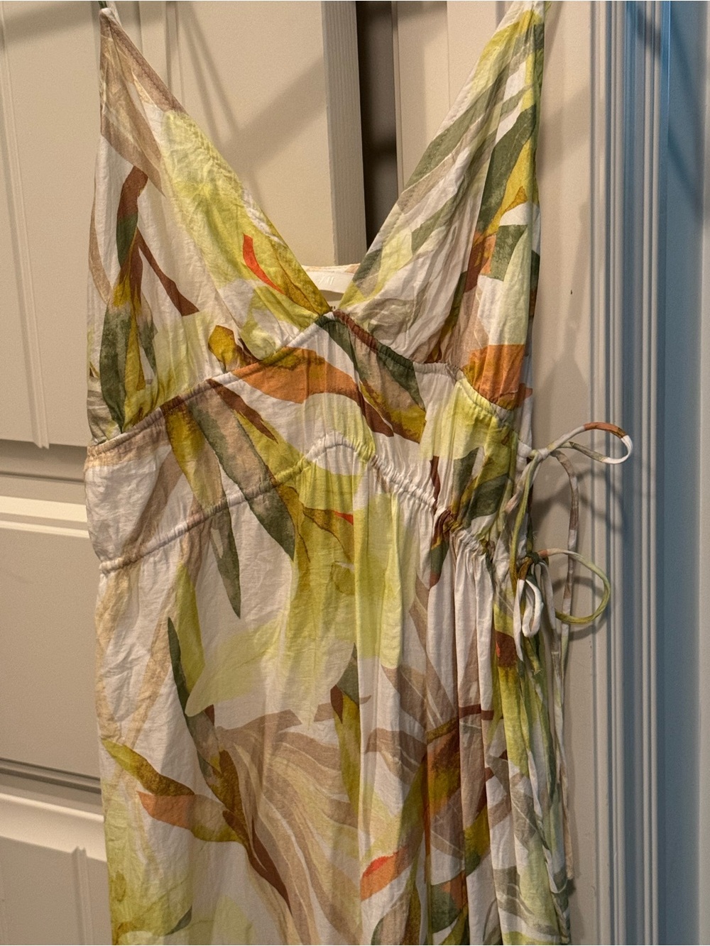 H&M White Maxi Dress with Green and Brown Leaf Print